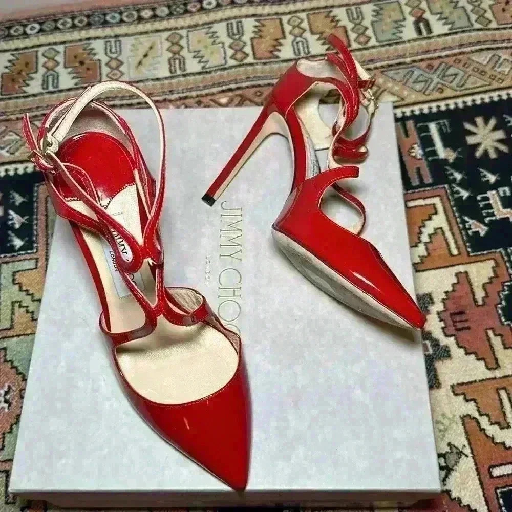 Jimmy Choo - Lancer Stiletto Red Patent Leather Pumps - 38 - Picture 4 of 10